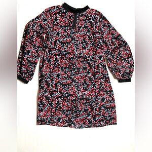 LOFT Black and Red Floral  Lon Sleeve Shift Dress Size Small